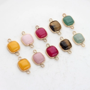 Square natural stone pendants with gold plated edges and double loops in various colors