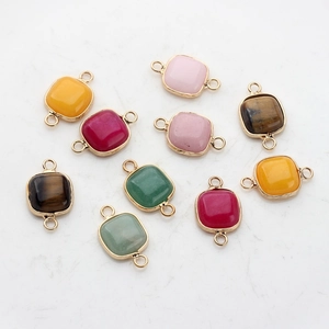 Square natural stone charms with gold-plated edges and double loops for jewelry making