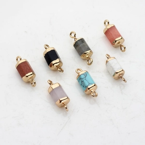 Set of 7 hexagonal natural stone pendants with gold plated double loops for DIY jewelry