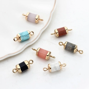 Natural Stone Hexagonal Cylinder Double Loop Connector Pendant Gold Plated Alloy Edging For DIY Handmade Jewelry Accessories