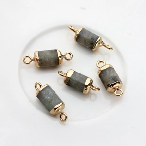 Set of five hexagonal natural stone pendants with gold-plated double rings for DIY jewelry