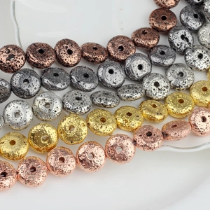 Colorful electroplated lava stone spacer beads for DIY jewelry making in various metallic tones