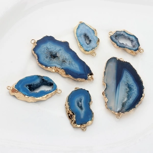 Natural Agate Druzy Geode Pendant Connector Gold Plated Edge Blue Irregular Stone Slice For DIY Jewelry Making Findings