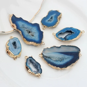 Blue natural agate geode slices with gold plated edges and double loops jewelry connectors