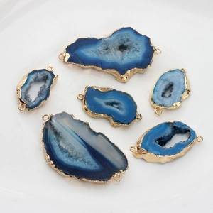 Set of 6 blue agate geode druzy pendants with gold plated edges for DIY jewelry making