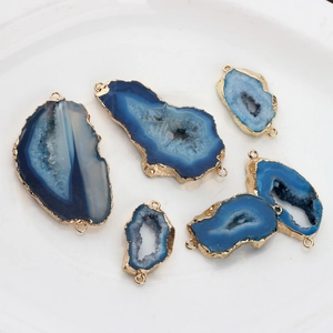Set of natural blue agate druzy geode slices with gold-plated edges and double connectors