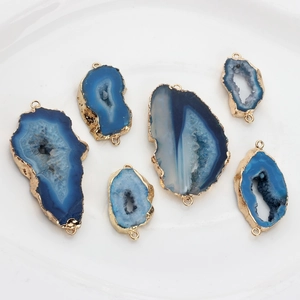 Blue geode druzy agate connector charms with gold plated edges for DIY jewelry making