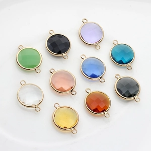 Set of 10 faceted round crystal glass charms with gold plated copper edging for jewelry DIY