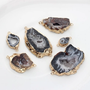 Five natural geode druzy agate connector pendants with gold plating for jewelry making