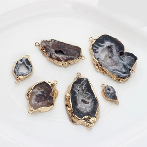 Natural agate geode slice pendants with gold plated edges and double loops for jewelry making