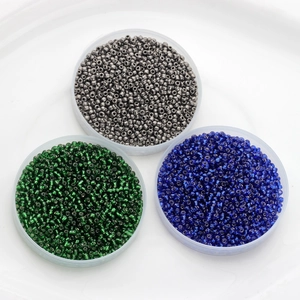 Mix of 2mm silver-lined glass seed beads in grey, green and blue for DIY jewelry crafts