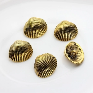 Five vintage gold shell-shaped zinc alloy buttons with antique finish and ring back