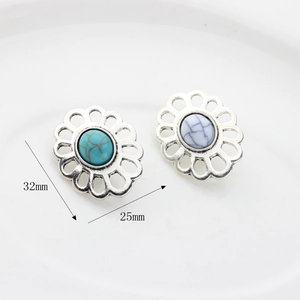 Vintage bohemian flower alloy buttons with turquoise and white marble stone 32mm