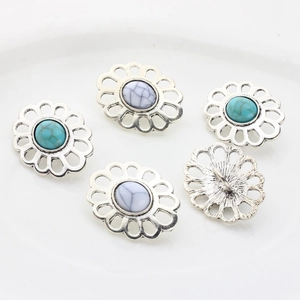 Five vintage silver hollow flower buttons with turquoise and white marble stone inlays