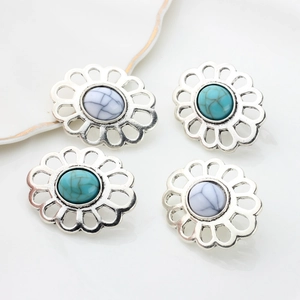 Vintage Alloy Hollow Flower Shank Buttons Bohemian Turquoise Marble Style Decorative DIY Jewelry Making Crafts Findings