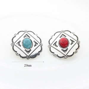 Retro 29mm silver alloy round pendant with bohemian turquoise and red stone inlay