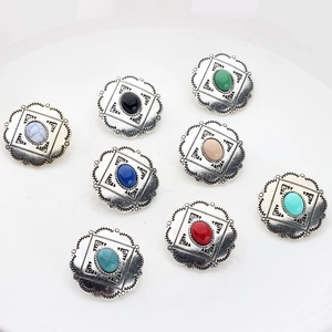 Retro silver alloy flower buttons with colorful oval stones for DIY jewelry making
