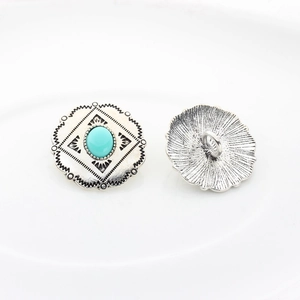 Detail of vintage silver concho button with turquoise inlay and rear shank attachment