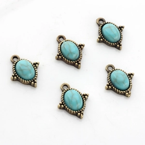 Pendentifs ovales vintage en turquoise avec cadre en bronze perlé pour bijoux DIY