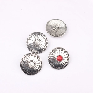 Vintage silver flower conchos set with antique finish and red bead detail for DIY crafts