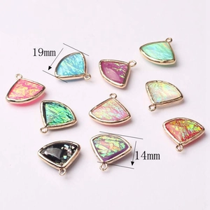 Colorful fan-shaped crystal glass pendants in gold metal settings, 19mm x 14mm size