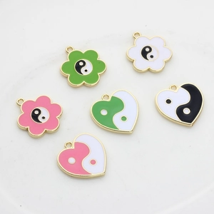 Set of 6 colorful alloy yin yang charms in flower and heart shapes for DIY jewelry making