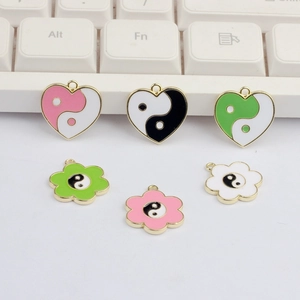 Handmade alloy enamel heart and flower pendants with Yin Yang Tai Chi pattern for DIY jewelry