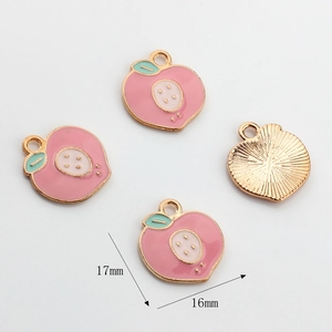 Detail showing 17mm pink enamel peach pendants with gold alloy base and dimensions