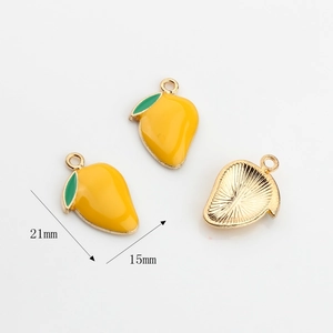 Detail view showing front and back of 21x15mm yellow enamel mango charms with gold plating