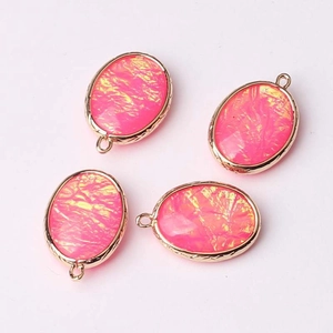 Pink oval glass pendant beads with gold metal frames for DIY jewelry making
