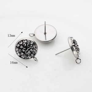 Detail of 13mm gun-black crystal drop earring posts with pave rhinestones and hanging loops