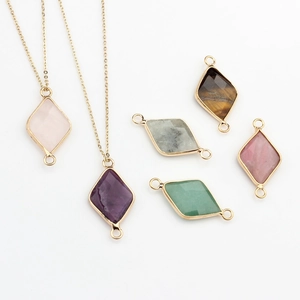 Natural semi-precious stone rhombus pendants with gold plating for DIY jewelry making