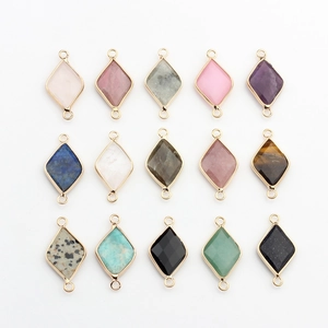 Set of 15 faceted natural stone rhombus pendants with gold-plated edges and double loops