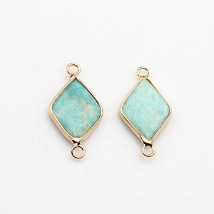 Detail of light blue amazonite rhombus pendants with gold plating and double rings