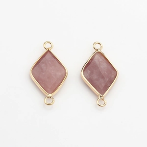 Detailed view of pink rose quartz rhombus pendants with gold plated edges for DIY jewelry