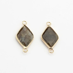 Close-up of faceted grey labradorite rhombus pendants with gold plated double loops