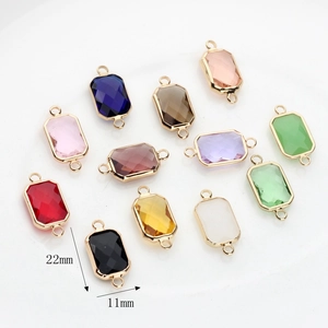 Rectangle faceted crystal pendants with gold edges and double loops, 22x11mm size