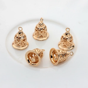 Vintage Copper 14K Gold Plated Hollow Bell Pendant For DIY Jewelry Making Traditional Coin Pattern Bridal Findings Accessories