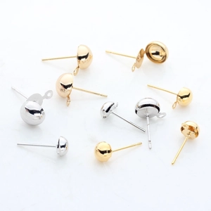 Polished gold and silver half-ball stud earring posts with loops for DIY jewelry