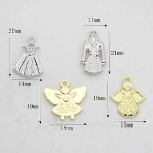 DIY alloy charms set featuring silver dress, coat, and golden angel pendants with measurements