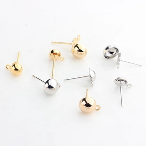 14K gold plated and silver half-ball earring studs with hanging loops for DIY jewelry making