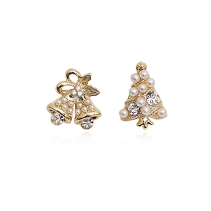 Pendientes de clip asimétricos dorados árbol de Navidad y campana con perlas y cristales