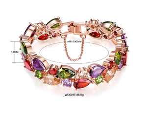 Detailed view of rose gold bracelet with colorful pear-cut stones and dimensions