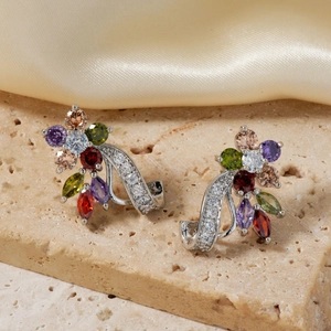 Elegant 18K gold-plated cluster stud earrings with vibrant multi-colored AAA zircon stones