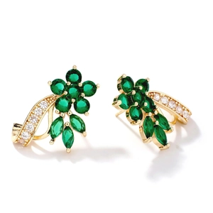 18K gold plated flower stud earrings with emerald green zircon crystals and white stones