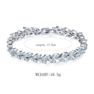 Detail view of silver zircon leaf bracelet with 17.5cm length and 18.5g weight specs