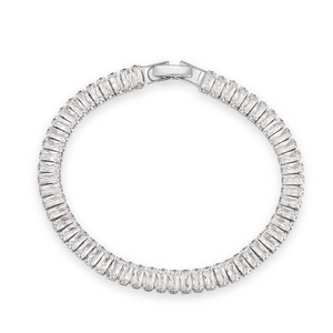 Silver-plated tennis bracelet with rectangular clear cubic zirconia and folding clasp
