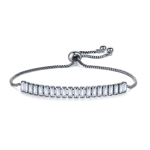 Adjustable silver bolo bracelet with 20 rectangular zircons and sliding ball clasp