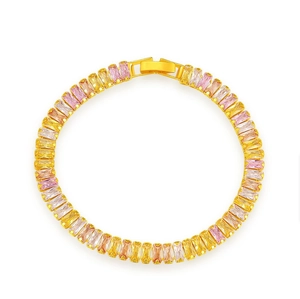Detail of gold-plated bracelet with multi-colored rectangular-cut zircon stones