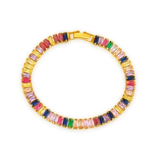 Colorful gemstone tennis bracelet with rectangular crystals in gold-plated settings
